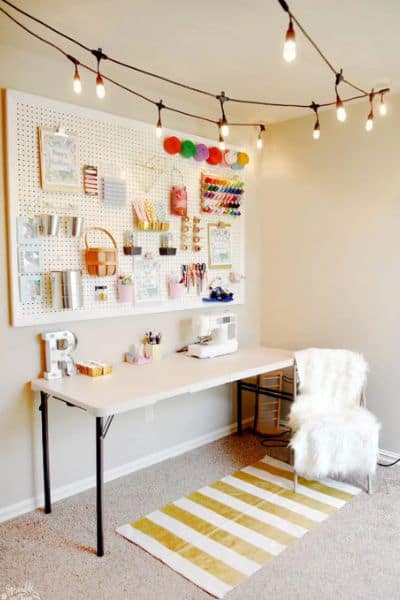 pegboard ideas with cafe lights
